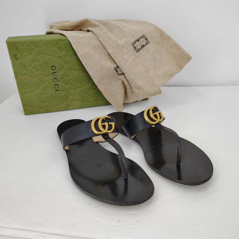 Gucci Marmont GG Thong Sandal EU 40 1/2 Black Flat Interlock T-Strap Flip Flop